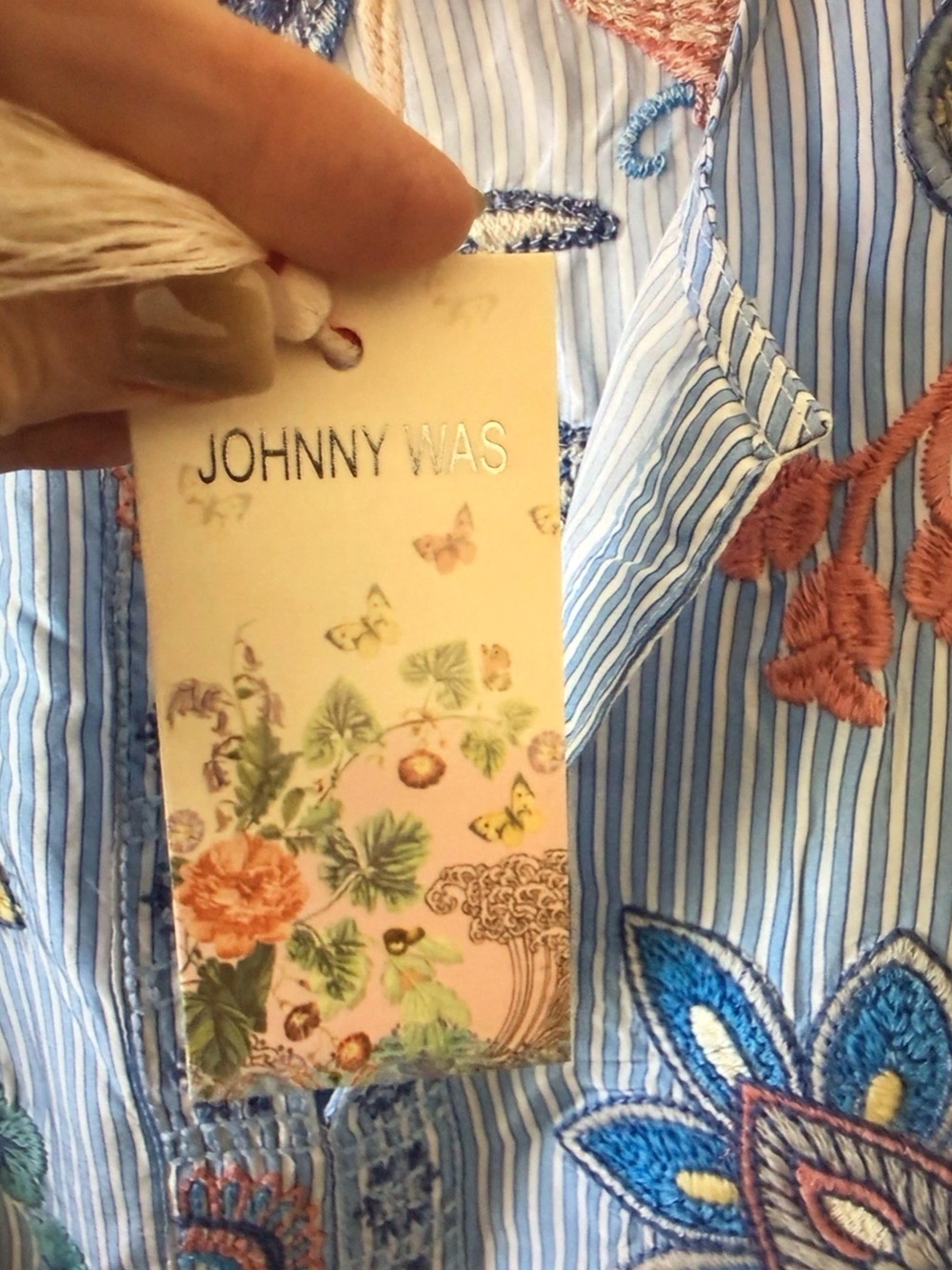 Johnny Was Light Blue Striped Embroidered Paisley V-Neck Tunic - Picture 8 of 8